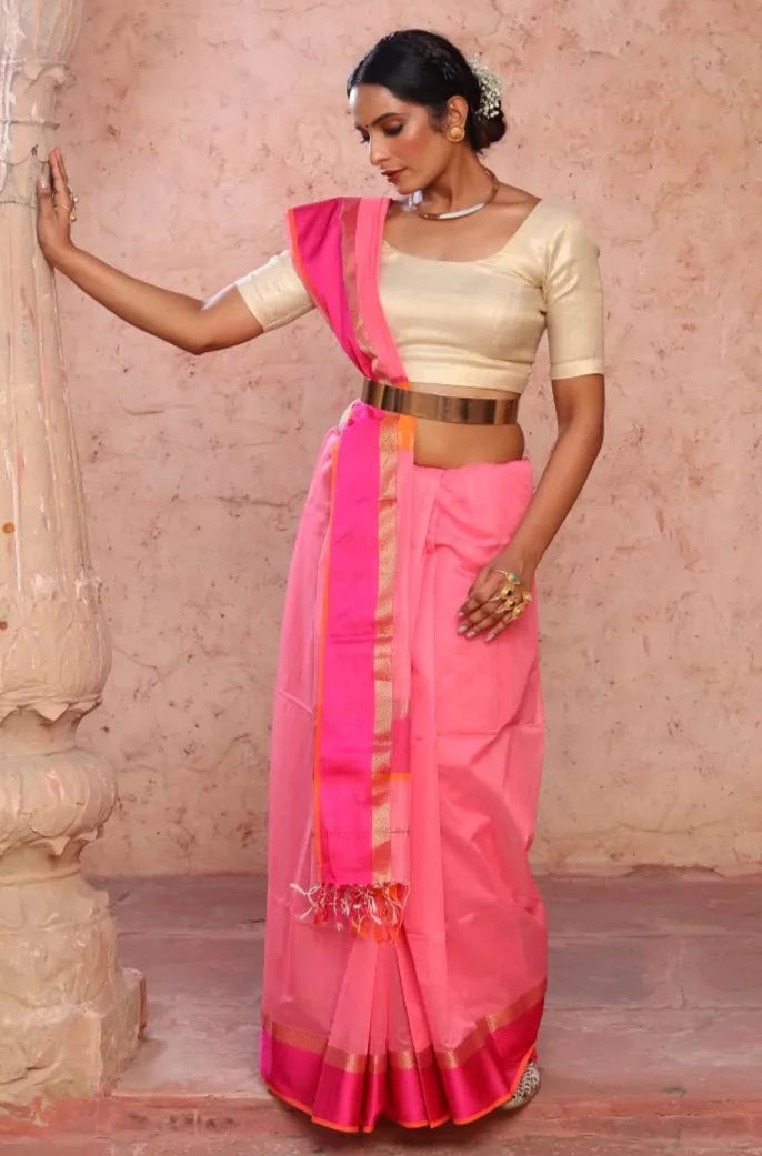 Pink Maheshwari Cotton Silk Saree