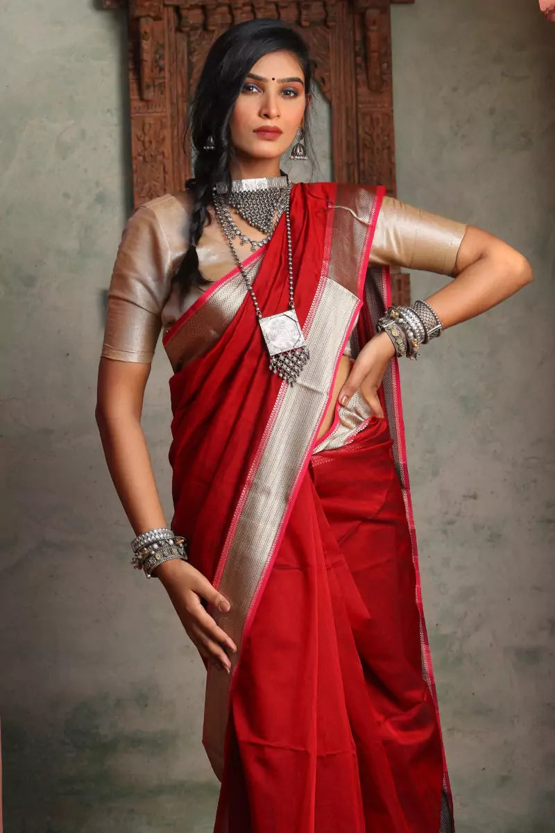 Maroon Maheshwari cotton silk Saree