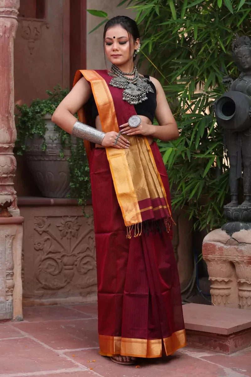 Maroon Golden Maheshwari Cotton Silk Saree