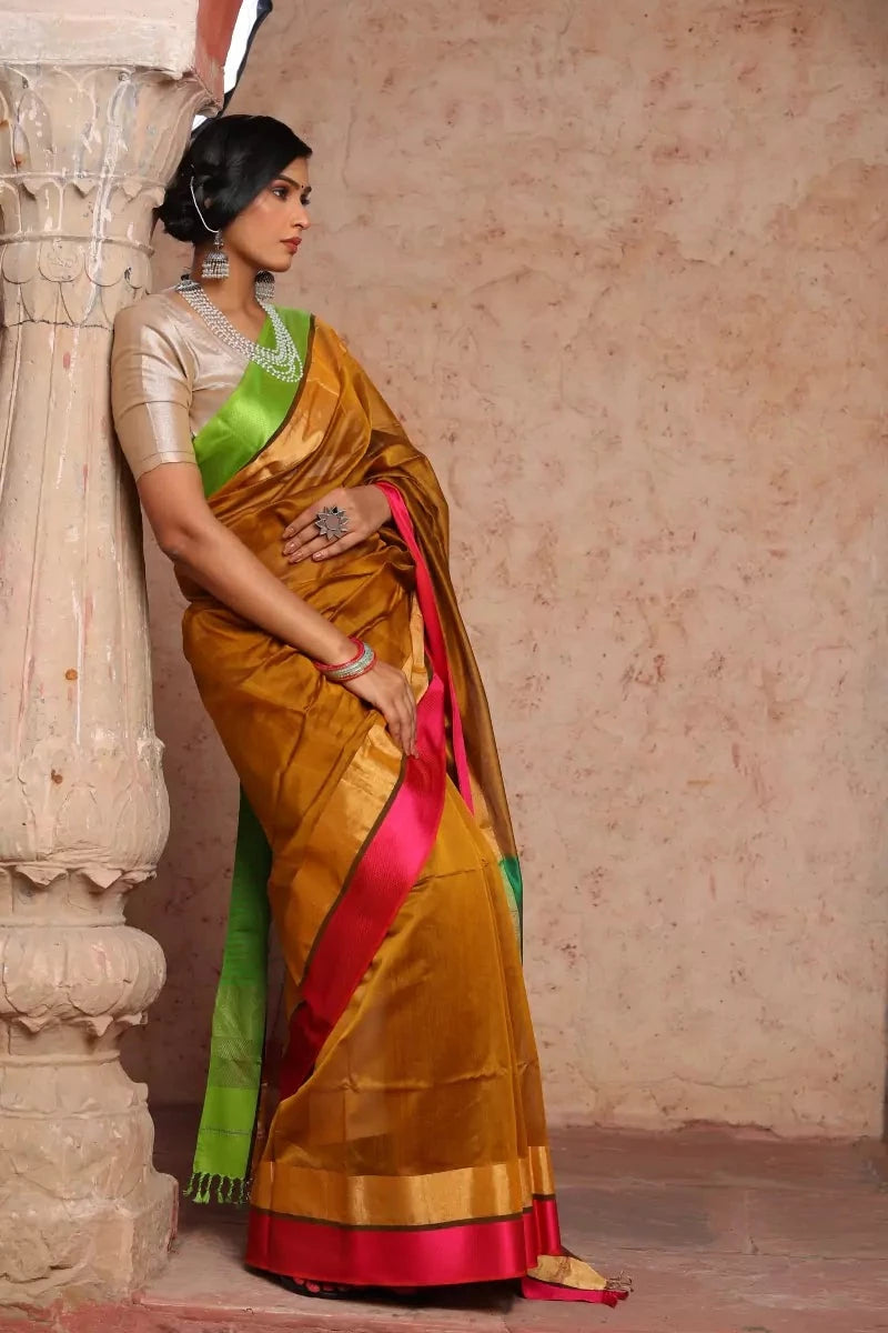 Mustard Maheshwari Cotton Silk Saree