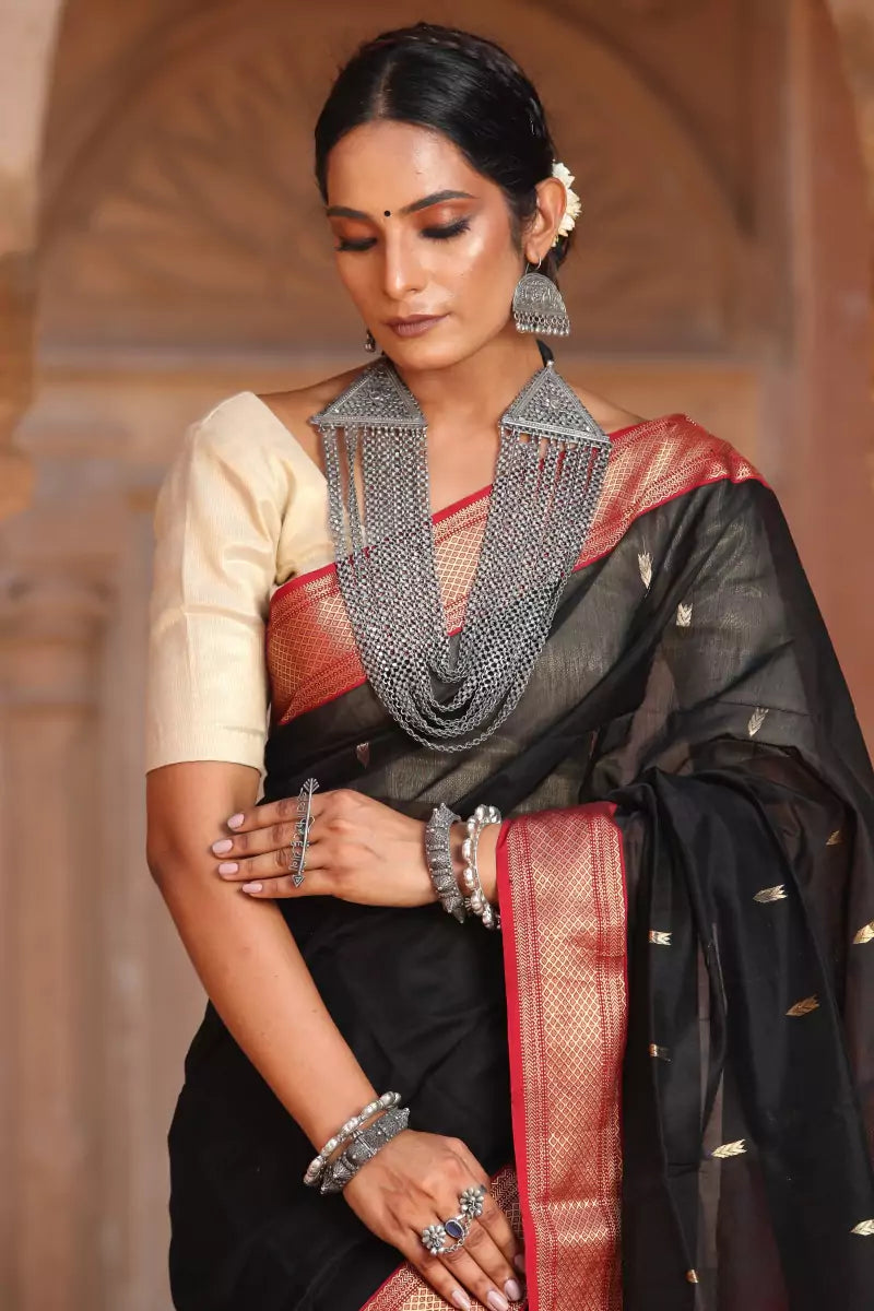 BLACK PRINT AND MAROON COTTON COMBINATION SAREE WITH EXCLUSIVE IKAAT B –  ShopBollyWear.Com