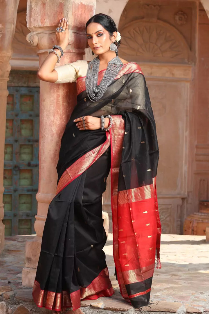 Black Red Maheshwari Cotton Silk Saree