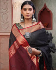 Black Red Zari Maheshwari Cotton Silk Saree