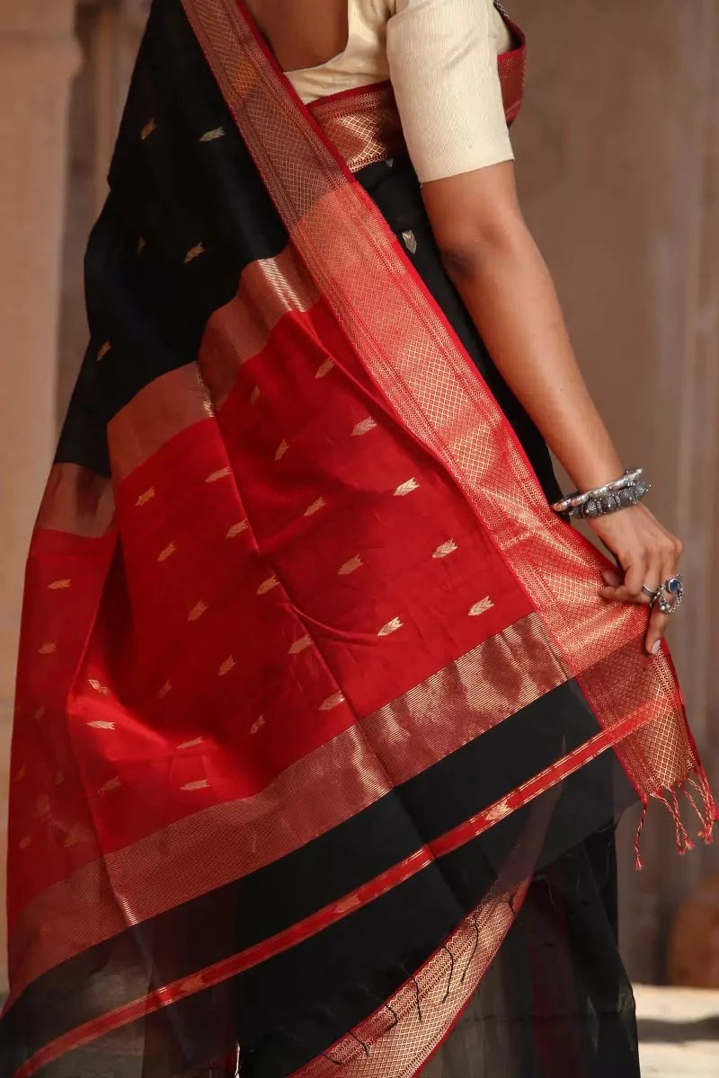 Handwoven Black Maheshwari Cotton Silk Saree
