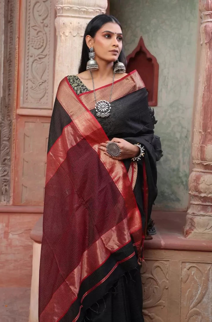 Buy Black Red Zari Maheshwari Cotton Silk Saree - House Of Elegance ...