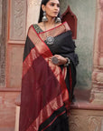 Black Red Zari Maheshwari Cotton Silk Saree