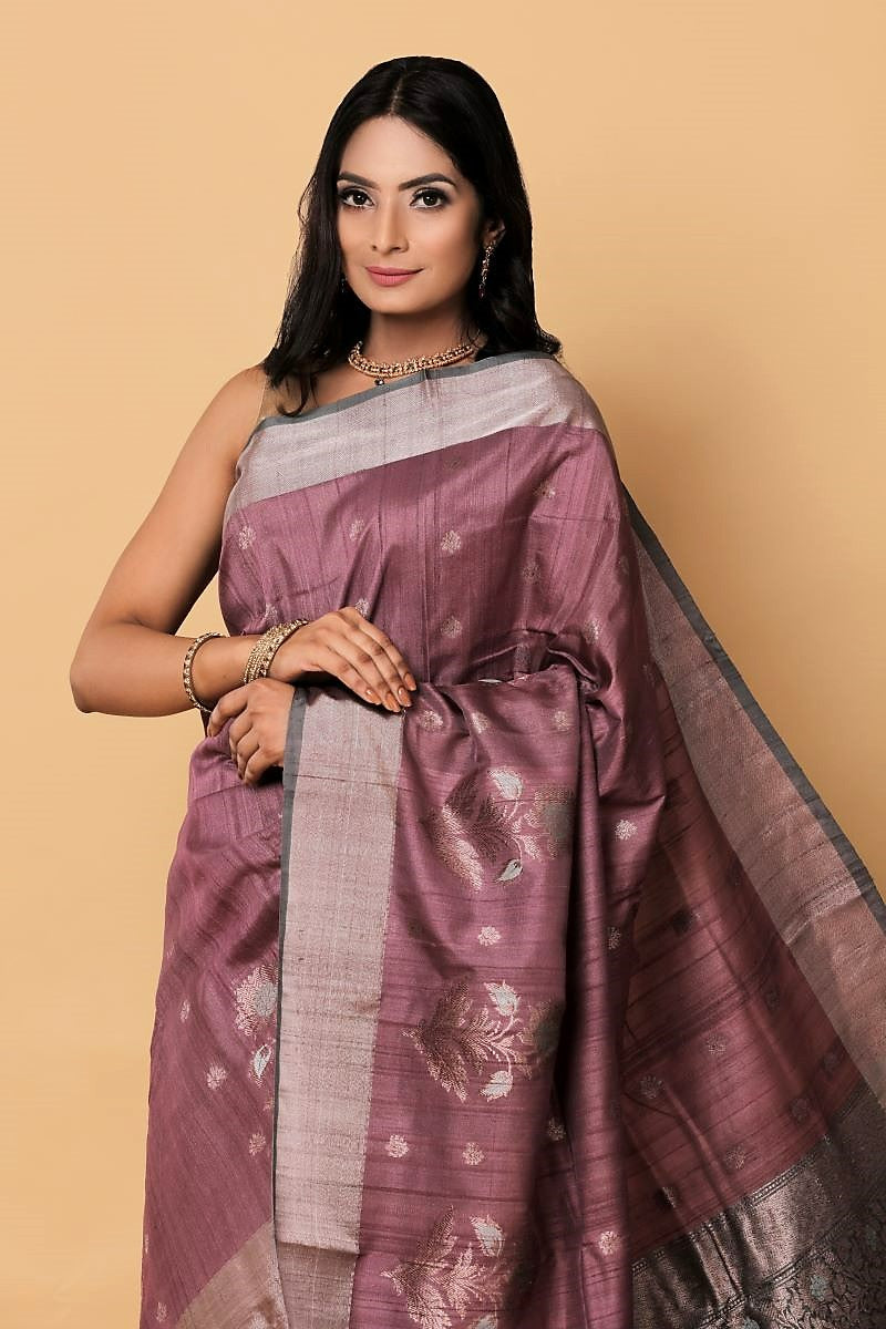 Mauve Green Banarasi Tussar Silk Saree is among the Handloom Banarasi Silk Saree