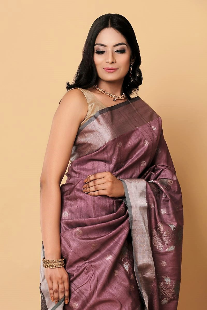 Mauve Green Banarasi Tussar Silk Saree is among the Handloom Banarasi Silk Saree