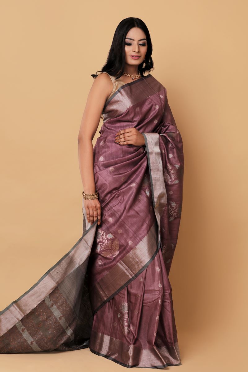 Mauve Green Banarasi Tussar Silk Saree is among the Handloom Banarasi Silk Saree