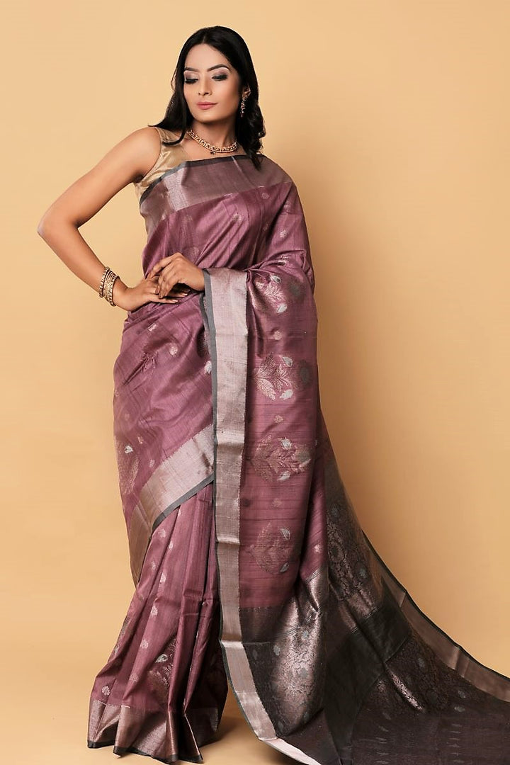 Mauve Green Banarasi Tussar Silk Saree is among the Handloom Banarasi Silk Saree