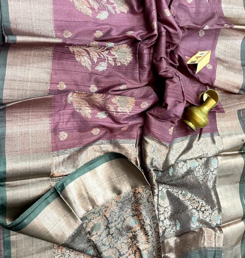 Mauve Green Banarasi Tussar Silk Saree is among the Handloom Banarasi Silk Saree