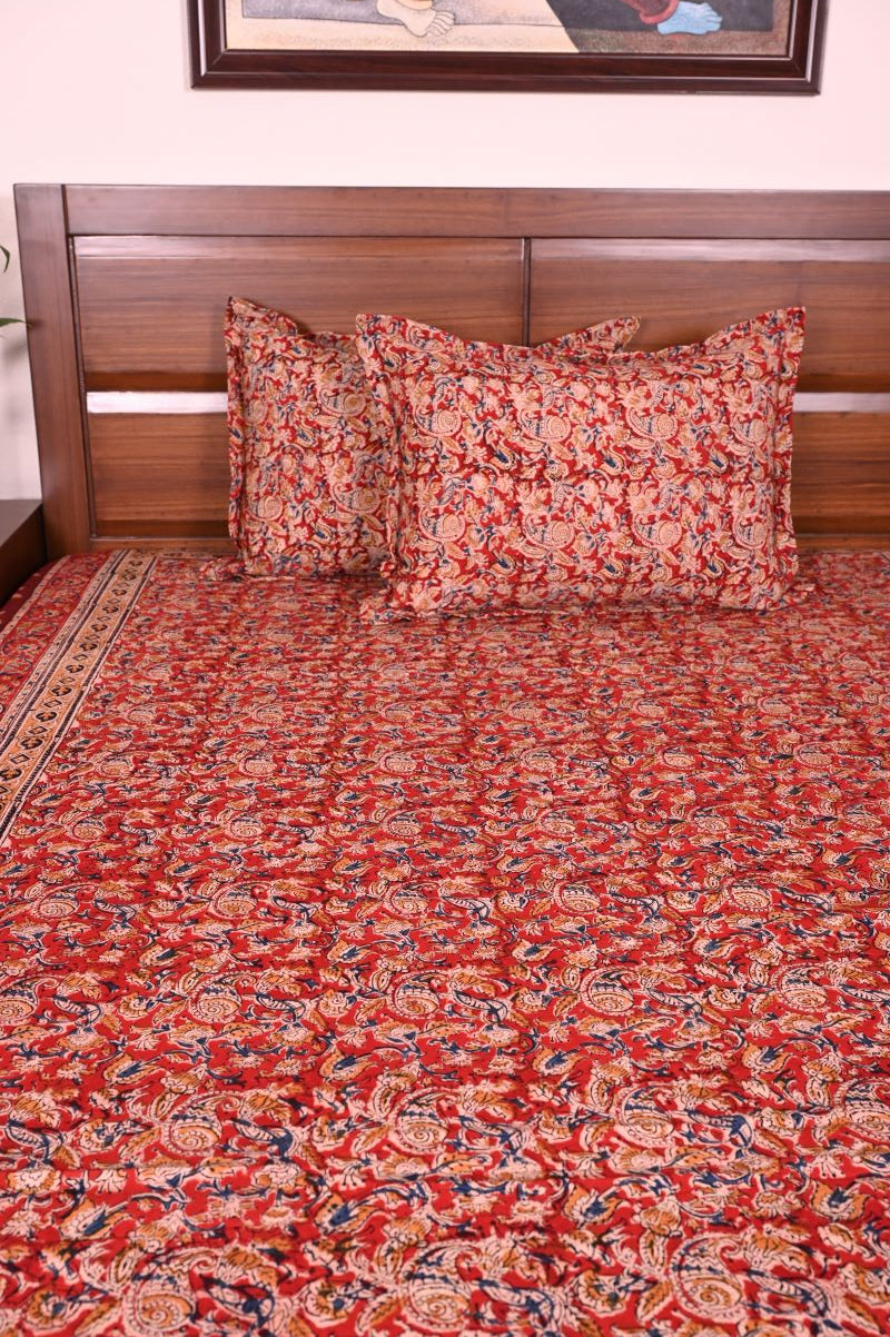 red-beige-Kalamkari-Bedsheet-set-cotton-bed-linen