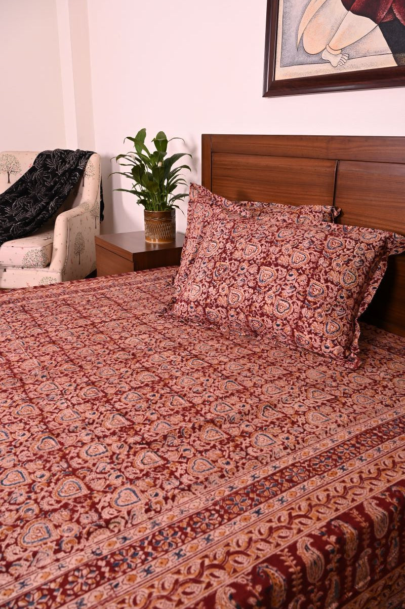 Maroon-Beige-Kalamkari-Bedsheet-set-cotton-bed-linen