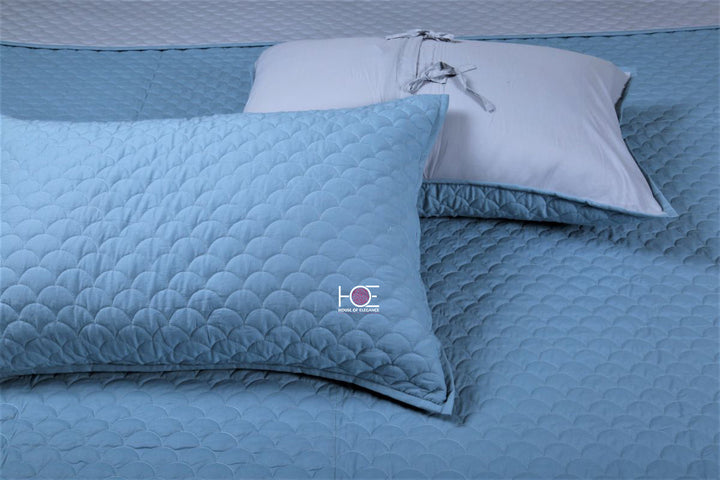 Blue Shell / Premium Mulmul Cotton | Quilted 3 Pcs Bedcover Set - Handcrafted Home decor and Lifestyle Products