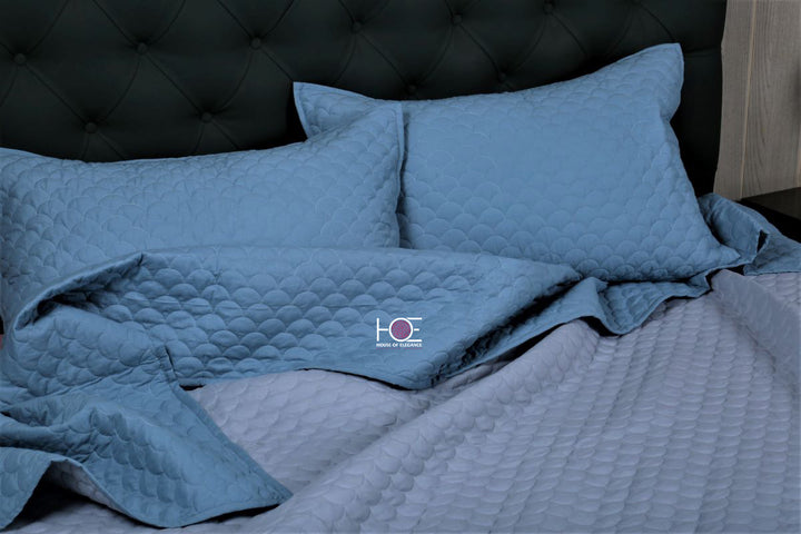 Blue Shell / Premium Mulmul Cotton | Quilted 3 Pcs Bedcover Set - Handcrafted Home decor and Lifestyle Products