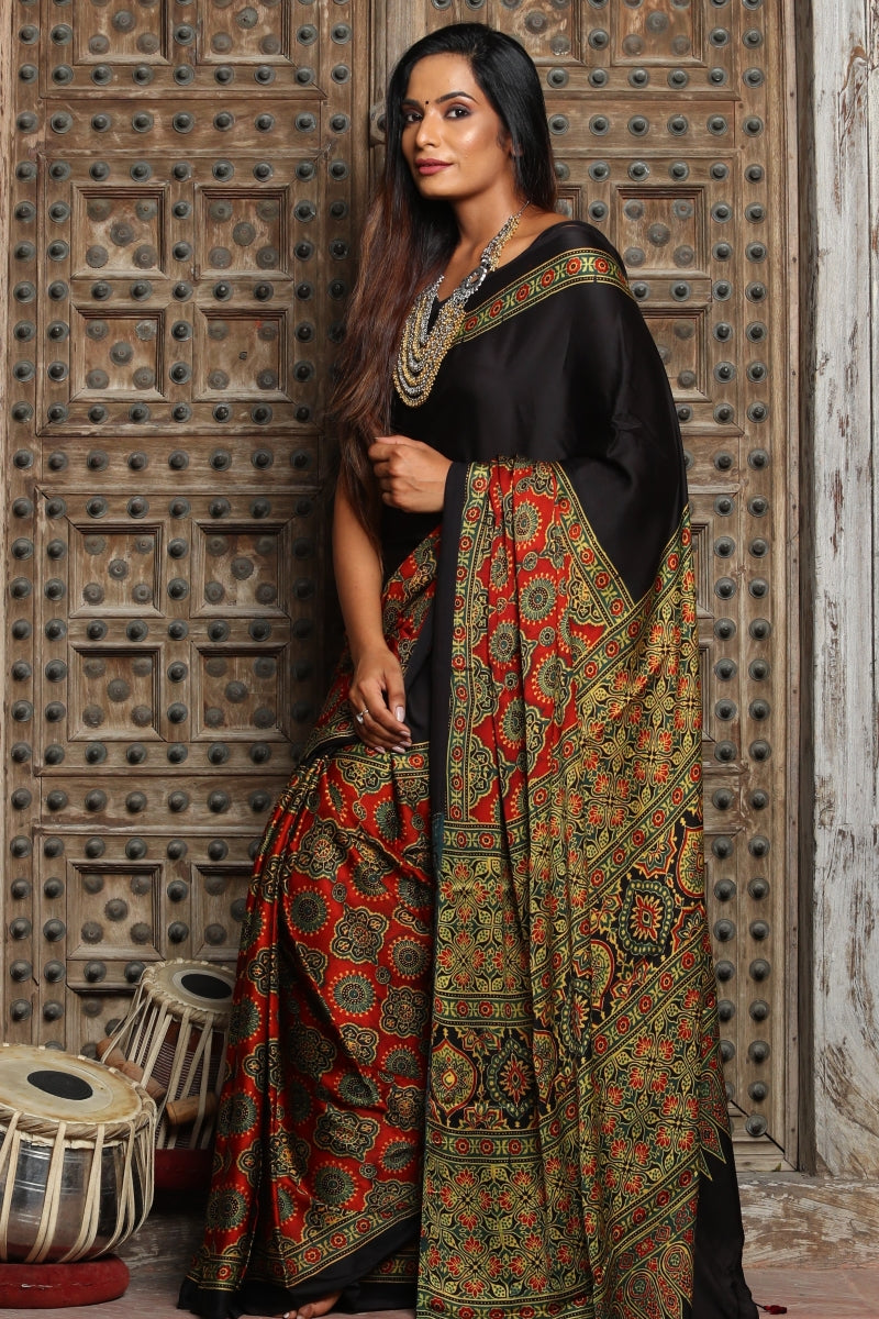 Black Modal Silk Ajrakh Saree