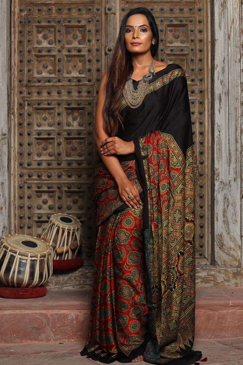 Black Ajrakh Modal Silk Saree