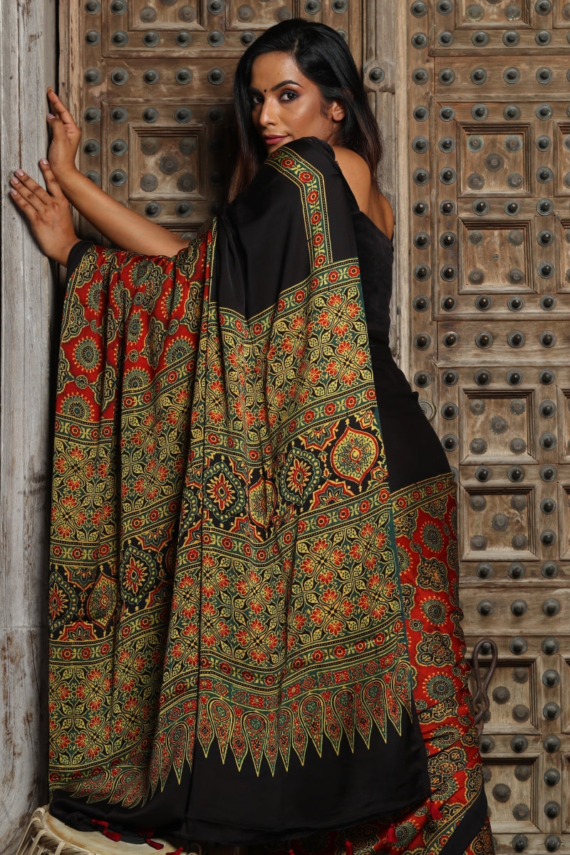 Black Red Modal Silk Ajrakh Saree