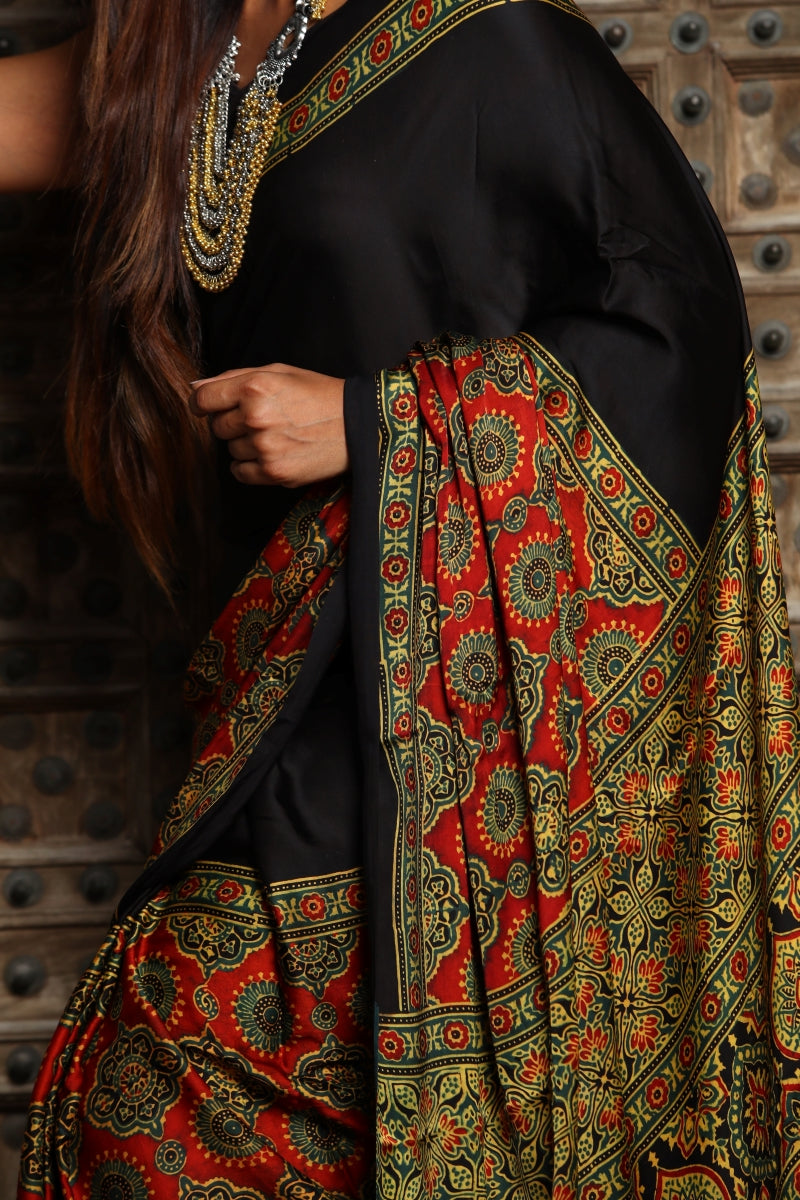 Red Modal Silk Ajrakh Saree