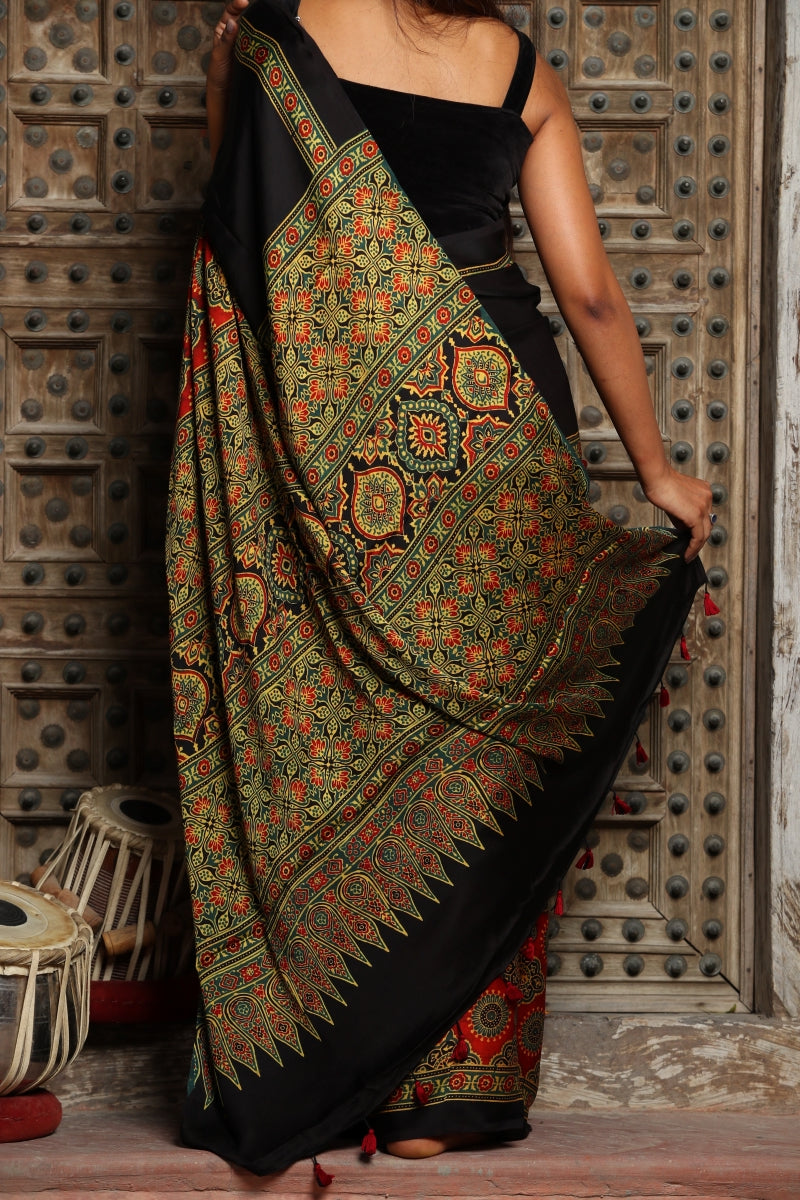 Red Black Modal Silk Ajrakh Saree