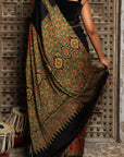 Red Black Modal Silk Ajrakh Saree