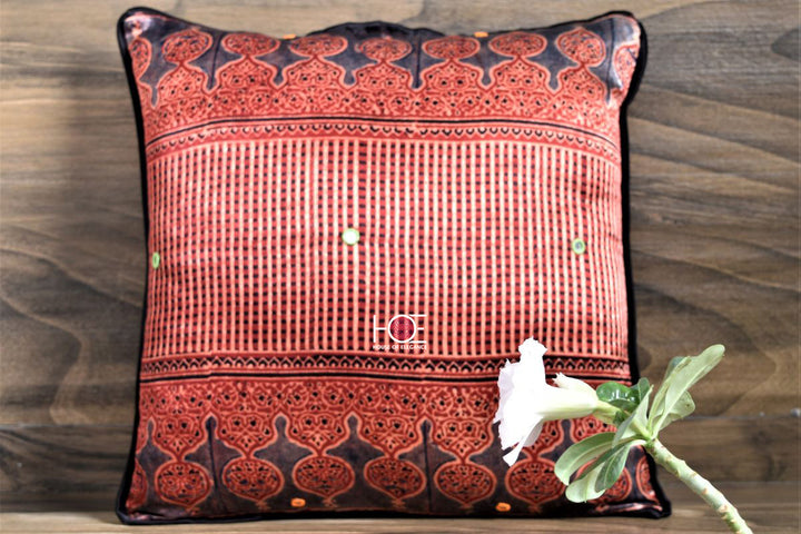 Crimson Red Stria / Mushroo Silk | Ajrakh | 16X16 - Handcrafted Home decor and Lifestyle Products