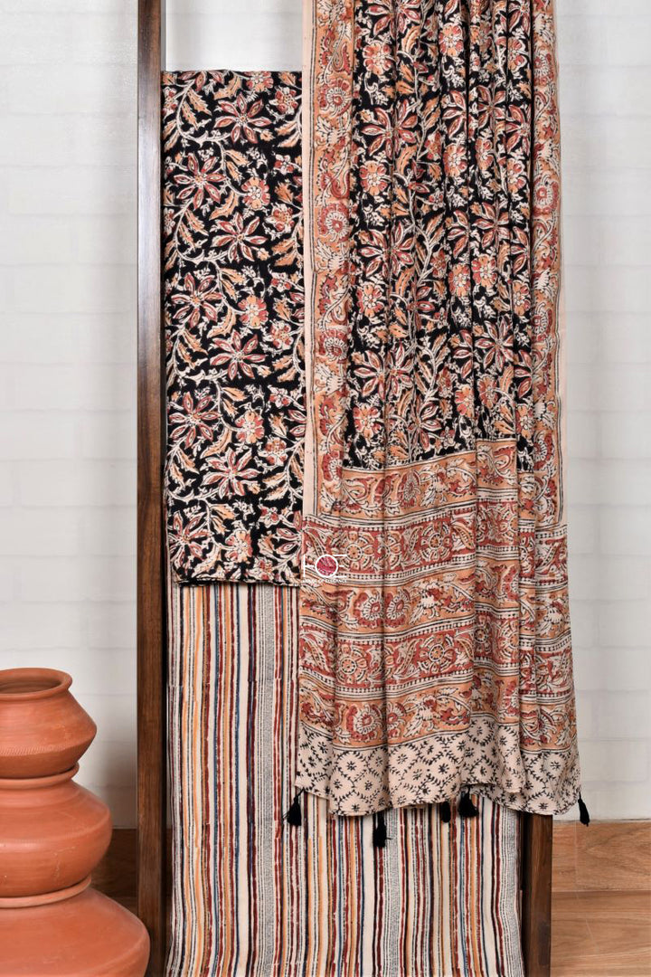 Black Pink Floral / Modal Silk | Kalamkari | 3 Pcs Suit - Handcrafted Home decor and Lifestyle Products