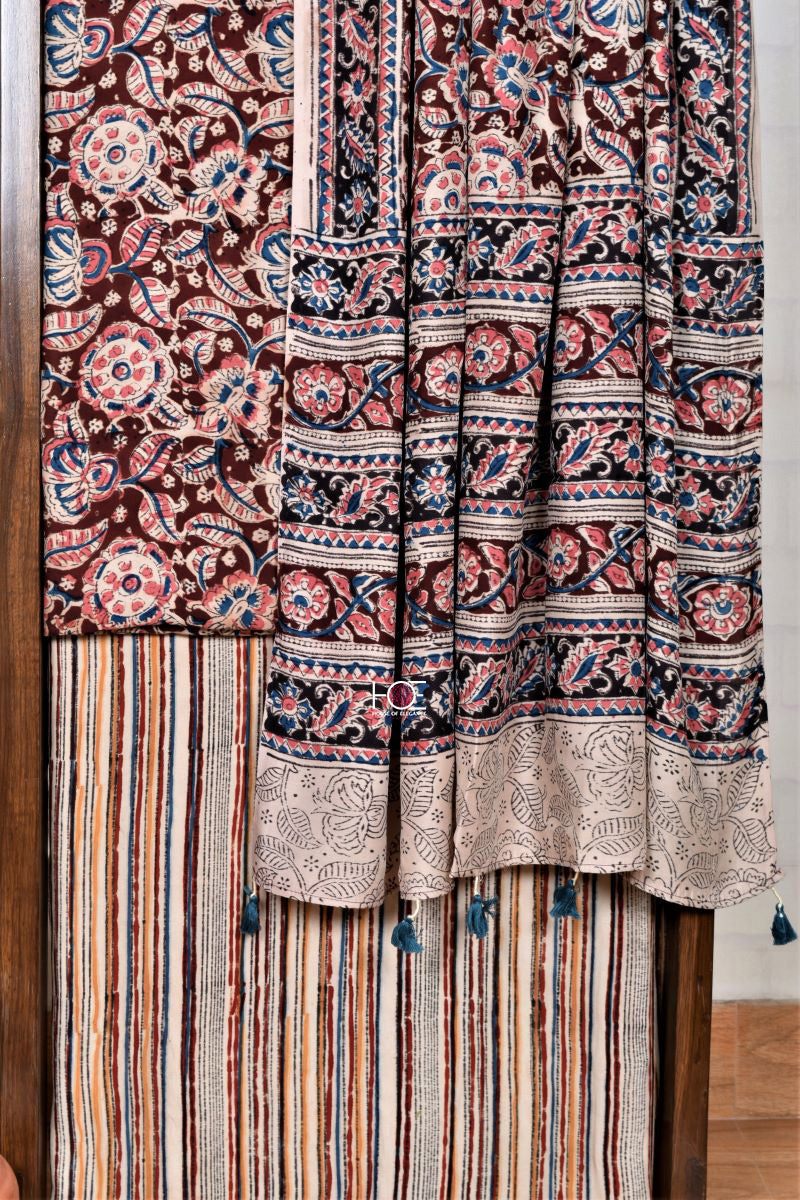Mahogany Blue Floral Spread / Modal Silk | Kalamkari | 3 Pcs Suit - Handcrafted Home decor and Lifestyle Products