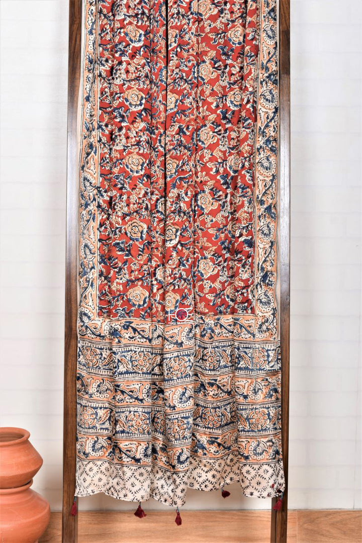 Red Yellow Floral Spread / Modal Silk | Kalamkari | 3 Pcs Suit - Handcrafted Home decor and Lifestyle Products