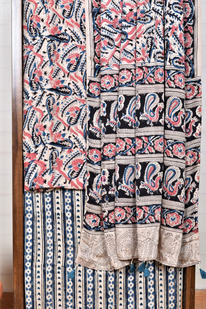 Pink Blue Blossom / Modal Silk | Kalamkari | 3 Pcs Suit - Handcrafted Home decor and Lifestyle Products