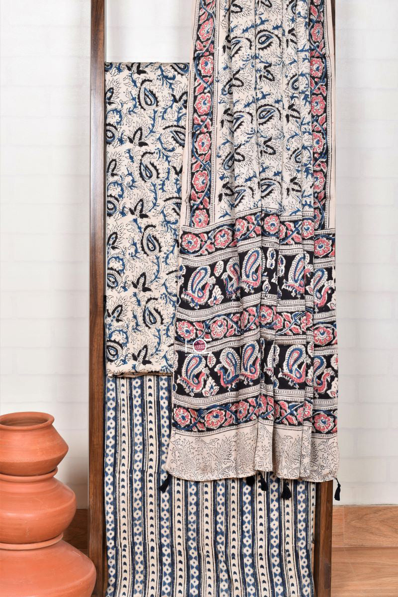 White Blue Paisley / Modal Silk | Kalamkari | 3 Pcs Suit - Handcrafted Home decor and Lifestyle Products