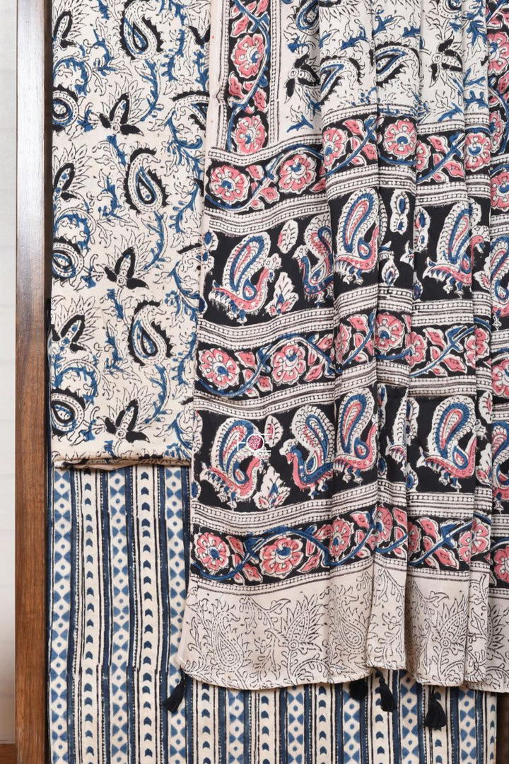 White Blue Paisley / Modal Silk | Kalamkari | 3 Pcs Suit - Handcrafted Home decor and Lifestyle Products