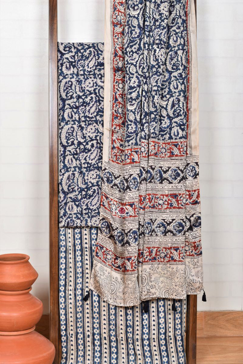 Blue Leafy Spread / Modal Silk | Kalamkari | 3 Pcs Suit - Handcrafted Home decor and Lifestyle Products