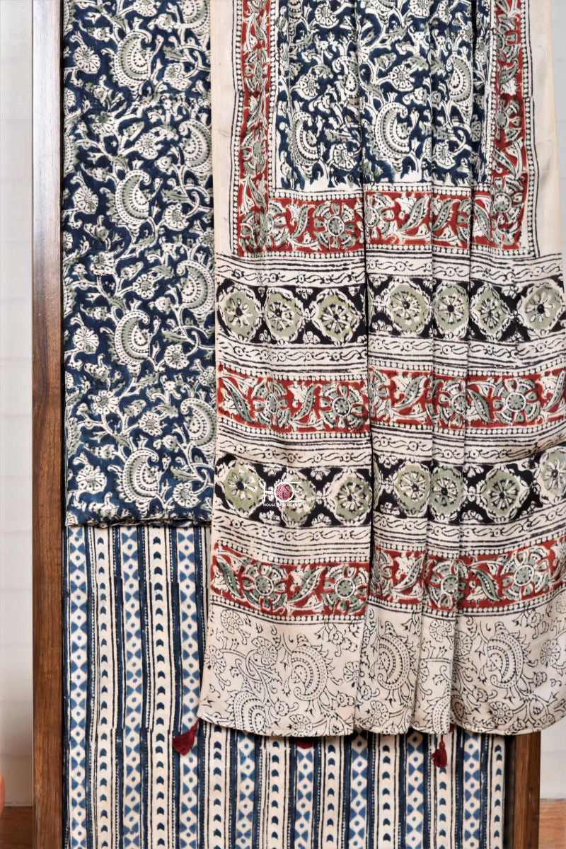 Blue Green Paisley / Modal Silk | Kalamkari | 3 Pcs Suit - Handcrafted Home decor and Lifestyle Products