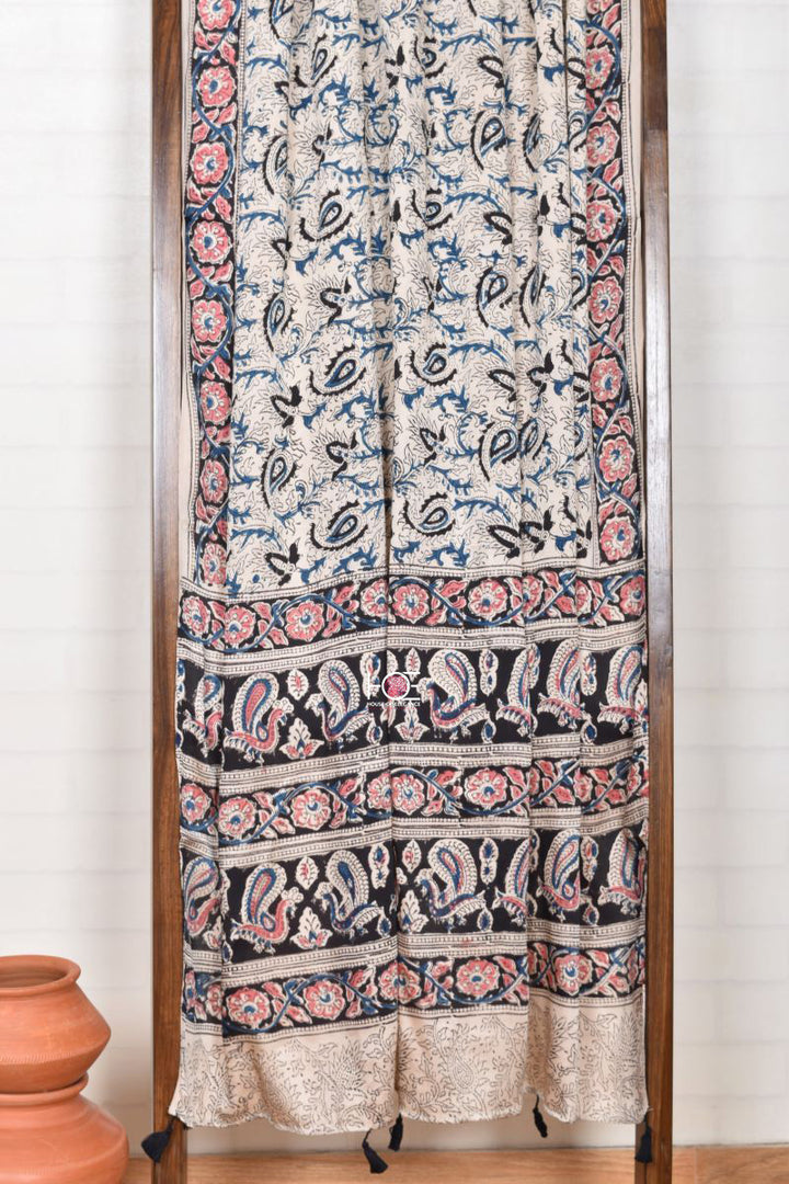 White Blue Paisley / Modal Silk | Kalamkari | 3 Pcs Suit - Handcrafted Home decor and Lifestyle Products