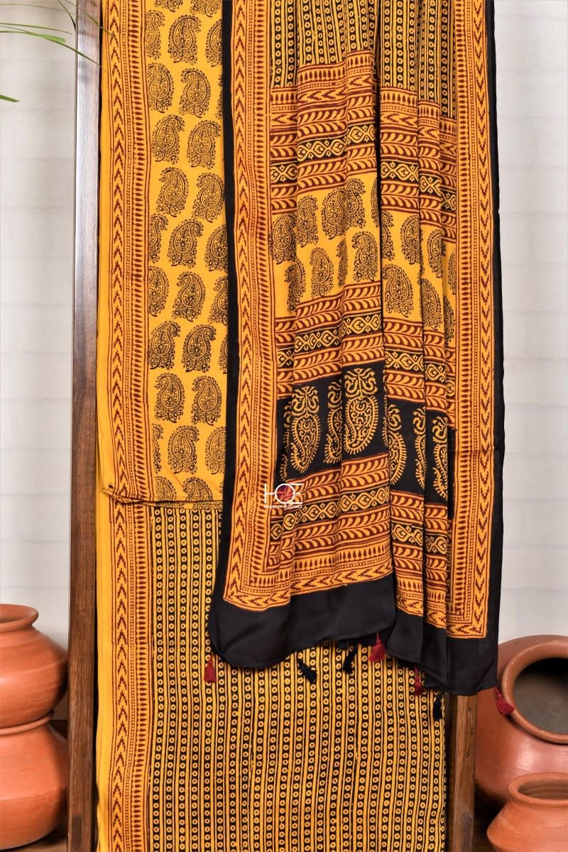 Yellow Paisley Stripe / Modal Silk | Bagh | 3 Pcs Suit - Handcrafted Home decor and Lifestyle Products