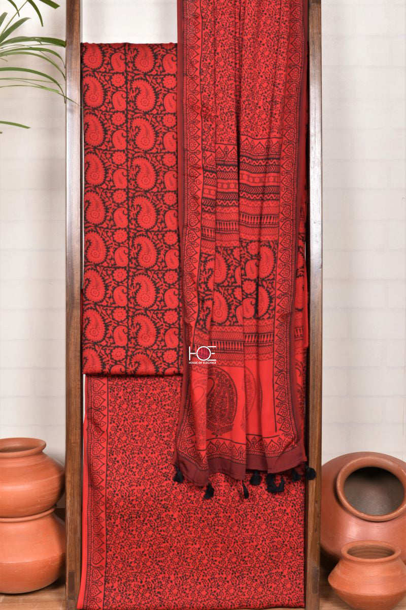 Red Paisley Jaal / Modal Silk | Bagh | 3 Pcs Suit - Handcrafted Home decor and Lifestyle Products