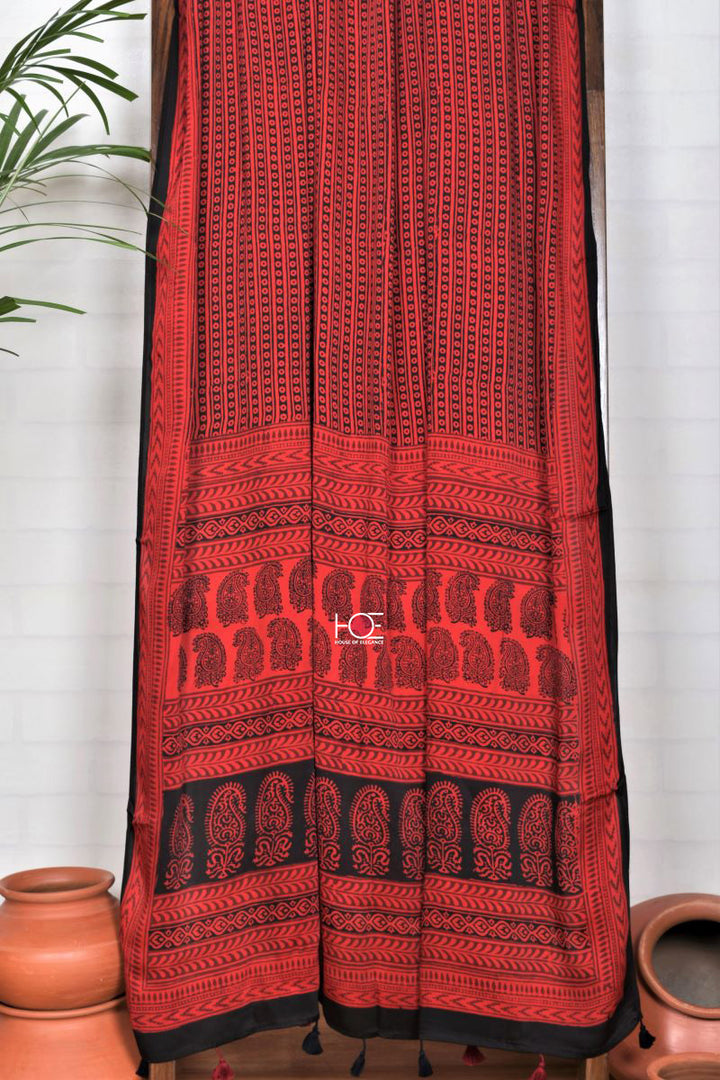 Red Paisley Stripe / Modal Silk | Bagh | 3 Pcs Suit - Handcrafted Home decor and Lifestyle Products