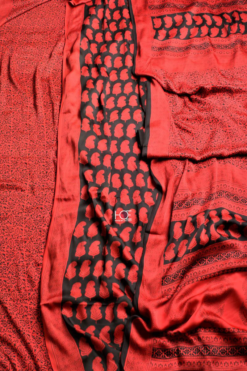Red Paisley on Black / Modal Silk | Bagh | 3 Pcs Suit - Handcrafted Home decor and Lifestyle Products