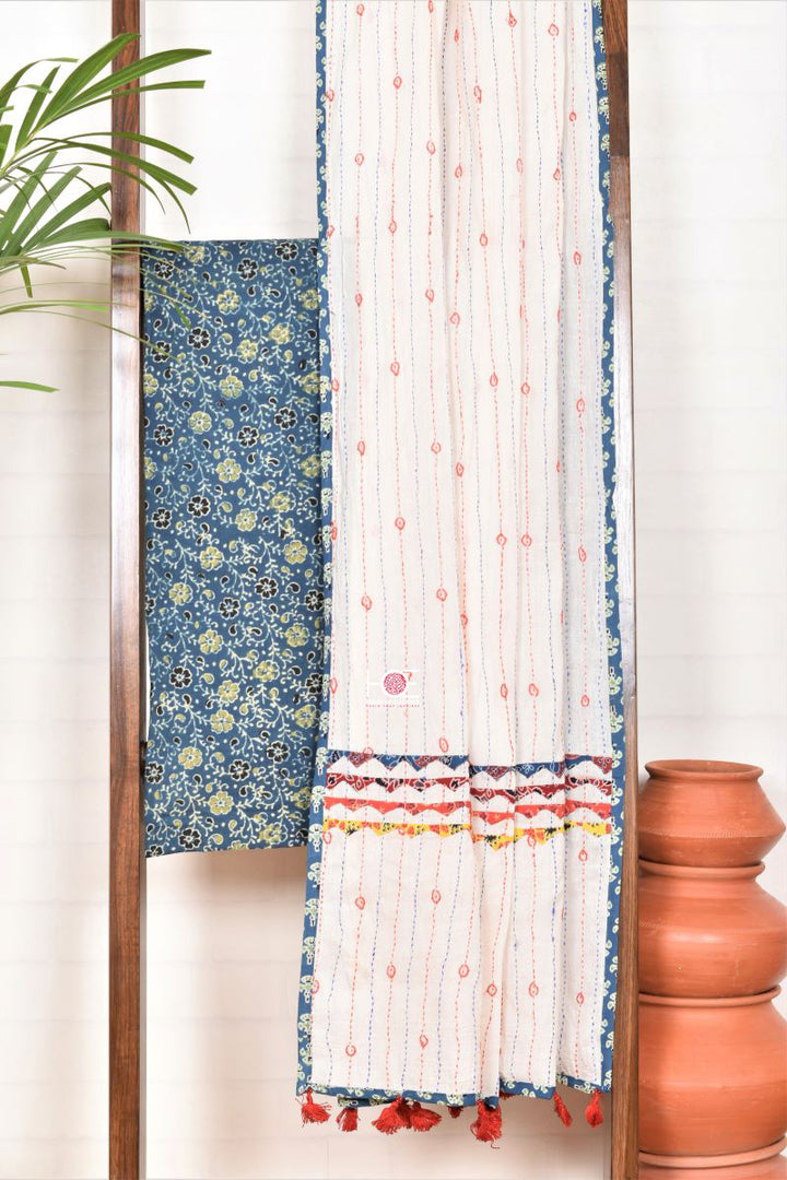 Kantha on Teal Flory / Ajrakh | Cotton | 2 Pcs Suit - Handcrafted Home decor and Lifestyle Products