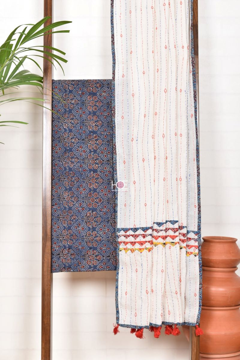 Kantha on Indigo Flory / Ajrakh | Organic Cotton | 2 Pcs Suit - Handcrafted Home decor and Lifestyle Products