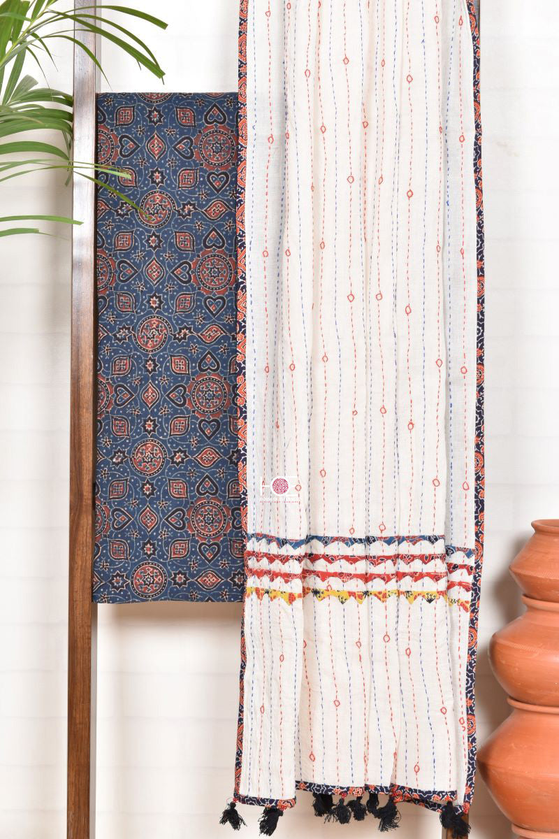 Kantha on Indigo Minkundi / Ajrakh | Cotton | 2 Pcs Suit - Handcrafted Home decor and Lifestyle Products