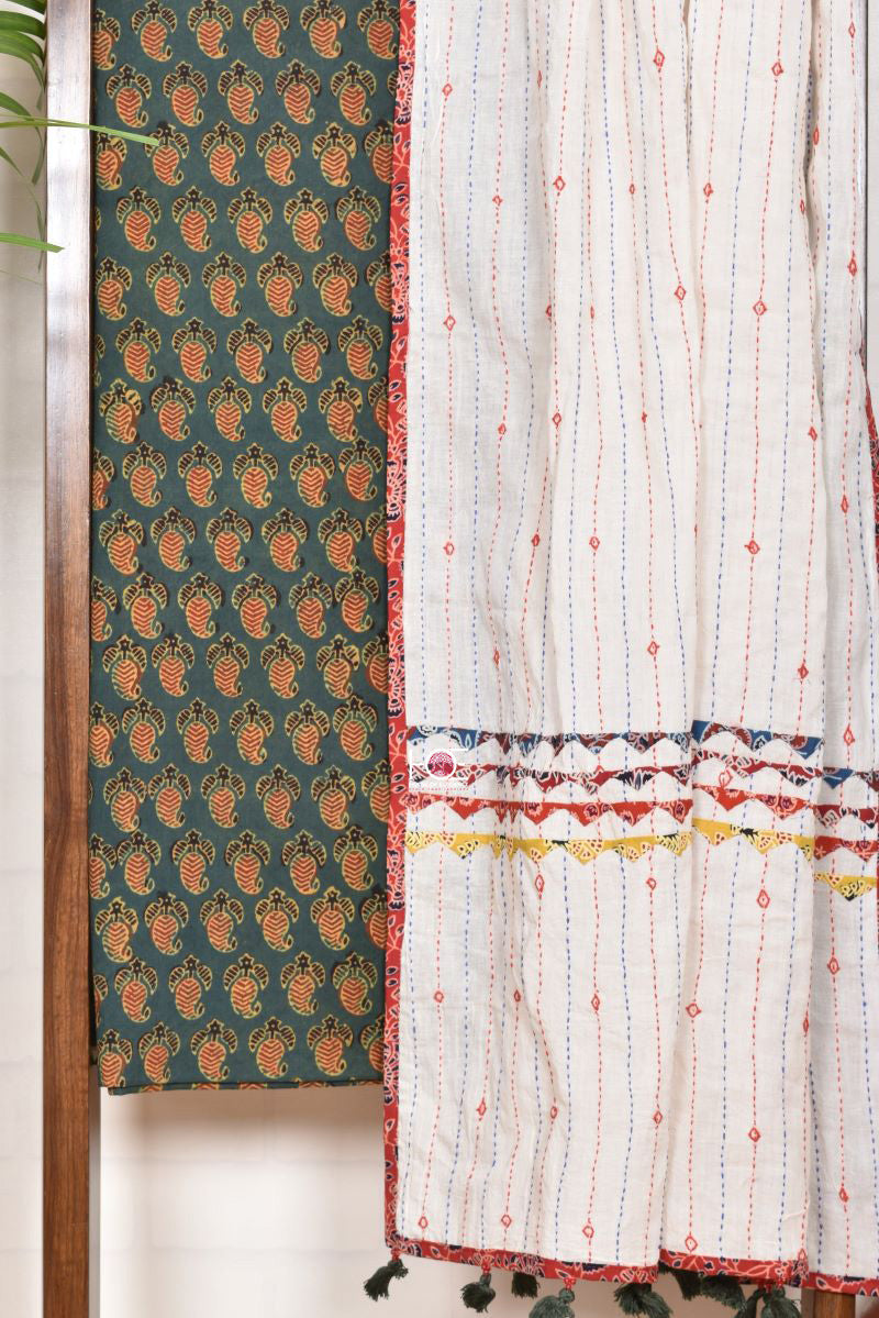 Kantha on Green Amri / Ajrakh | Cotton | 2 Pcs Suit - Handcrafted Home decor and Lifestyle Products