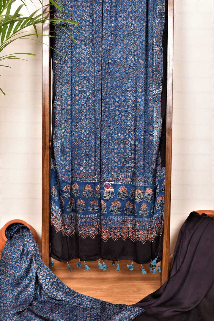 Shop online Unstitched 3 piece Black Ajrakh Hand Block Printed Modal Silk Suit Coordinated Dupatta | Natural Dyed Ajrakh Modal Silk Dress Material 
