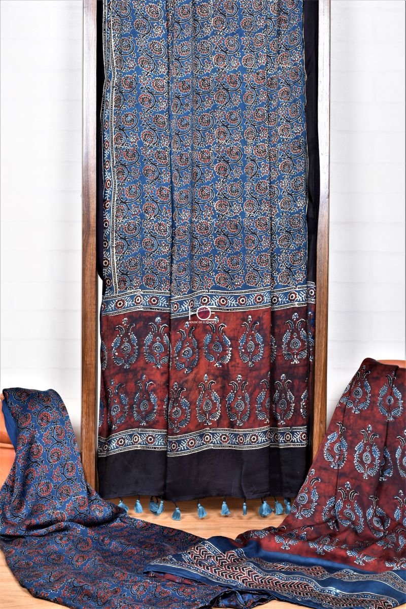 Smokey Red Indigo Taaj Kharey / Modal Silk | Ajrakh | 3 Pcs Suit - Handcrafted Home decor and Lifestyle Products