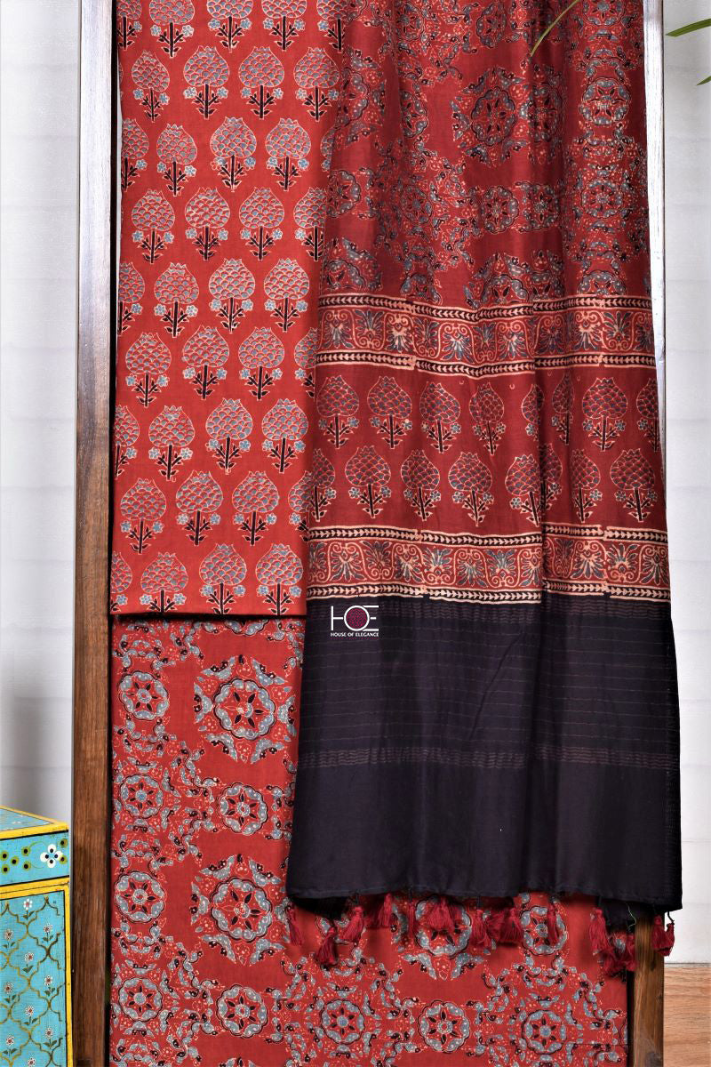 Red Kamal Pital Gadh / Cotton-Chanderi | Ajrakh | 3 Pcs Suit - Handcrafted Home decor and Lifestyle Products