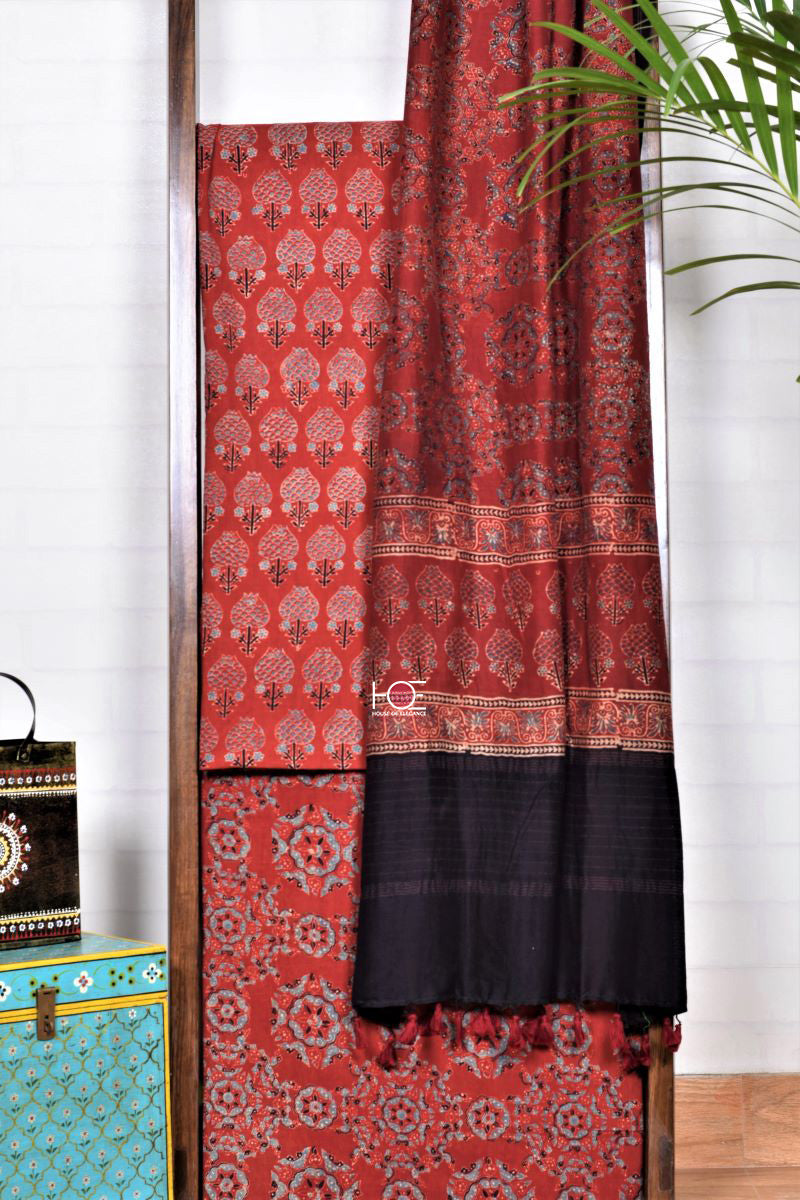 Red Kamal Pital Gadh / Cotton-Chanderi | Ajrakh | 3 Pcs Suit - Handcrafted Home decor and Lifestyle Products