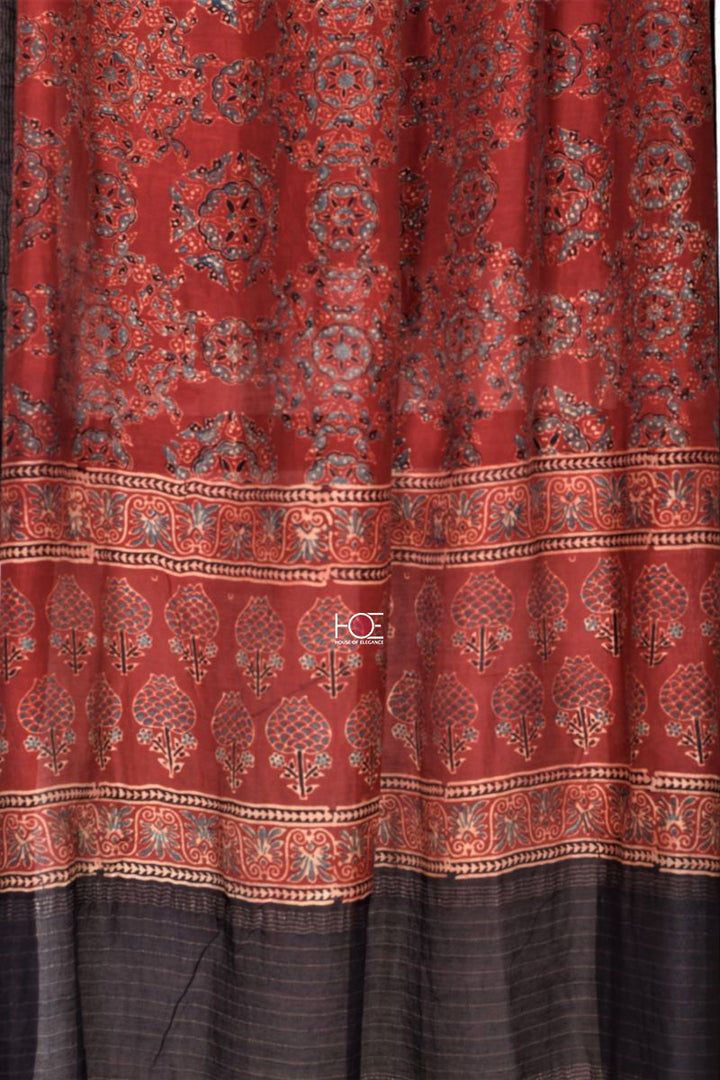 Red Kamal Pital Gadh / Cotton-Chanderi | Ajrakh | 3 Pcs Suit - Handcrafted Home decor and Lifestyle Products