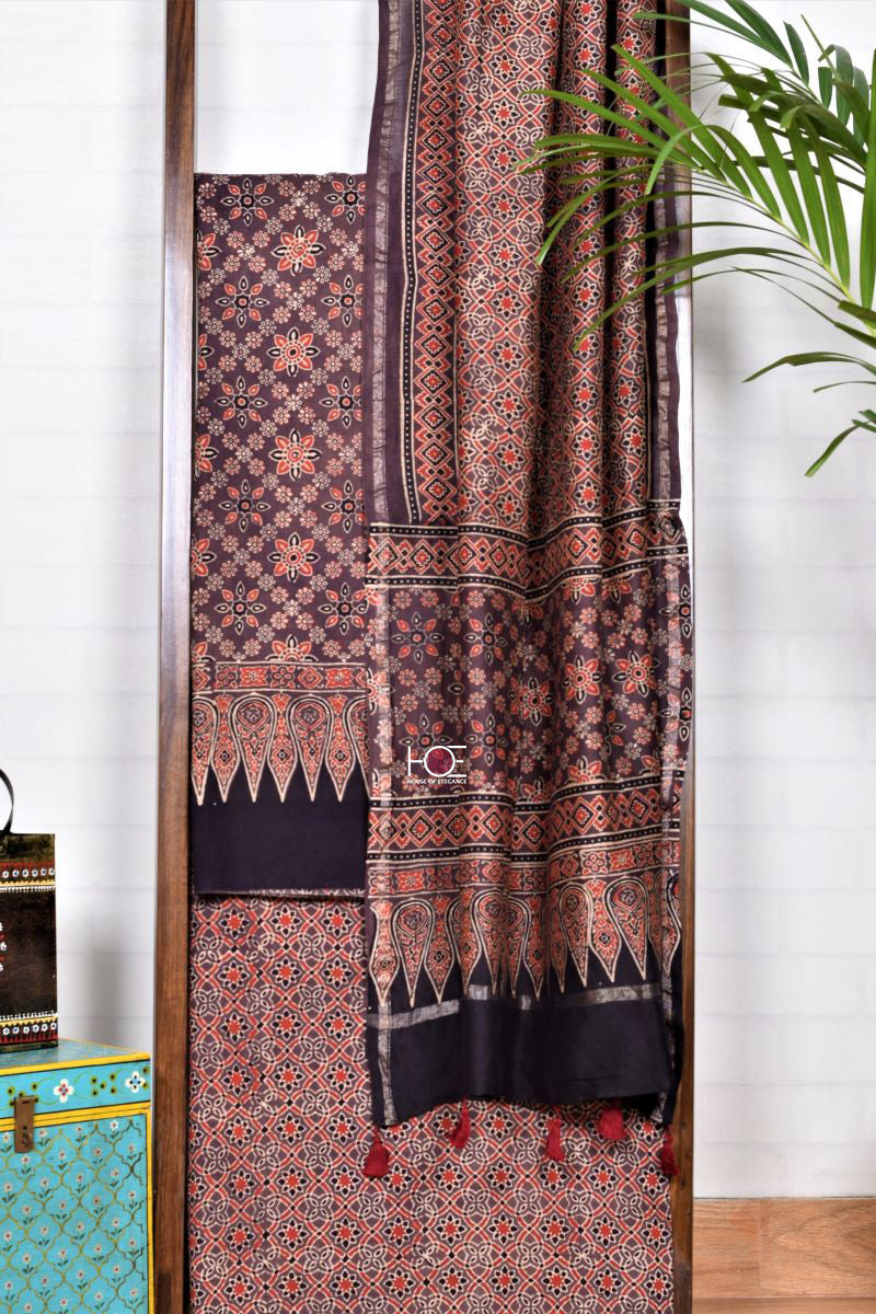 Mahogany Nested Jaal / Cotton-Chanderi | Ajrakh | 3 Pcs Suit - Handcrafted Home decor and Lifestyle Products