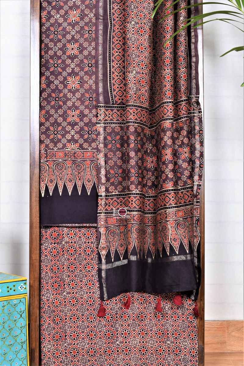 Mahogany Nested Jaal / Cotton-Chanderi | Ajrakh | 3 Pcs Suit - Handcrafted Home decor and Lifestyle Products